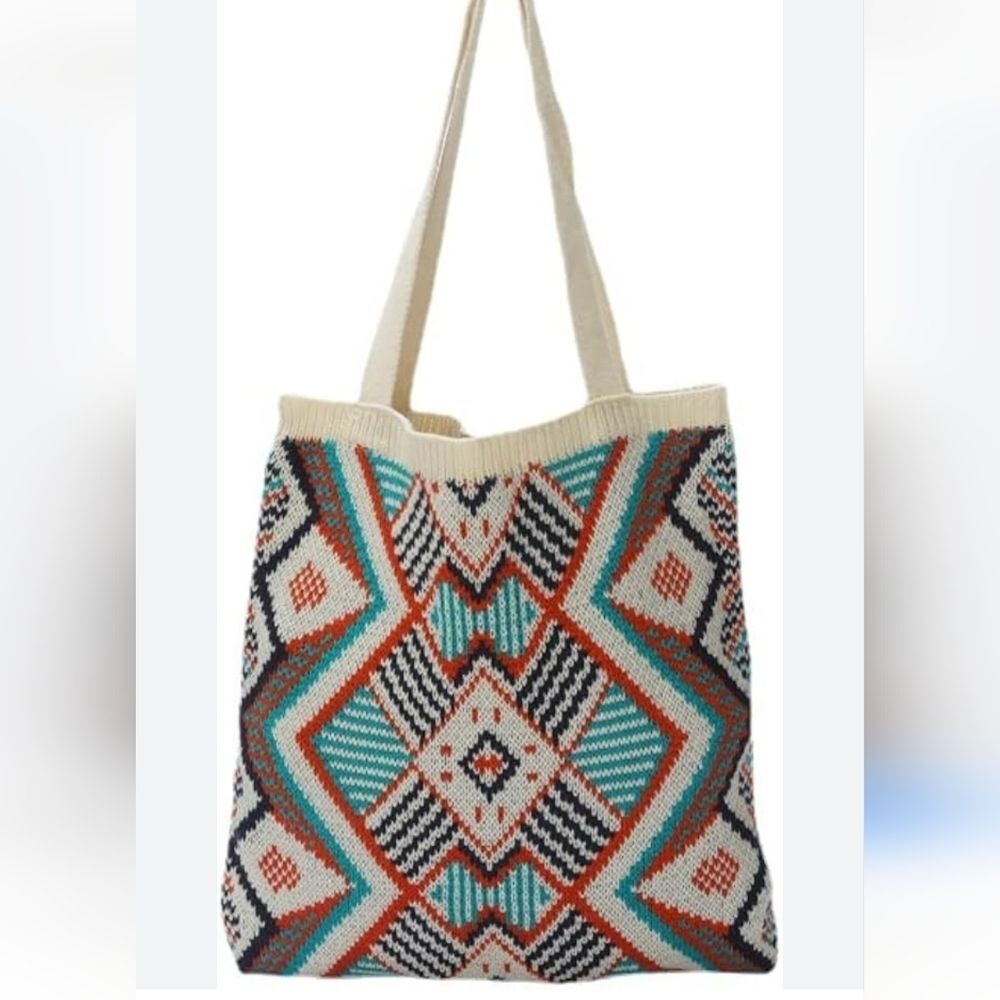 Bohemian knit tribal handbag Tote Bag turquoise coral cream - Picture 2 of 7